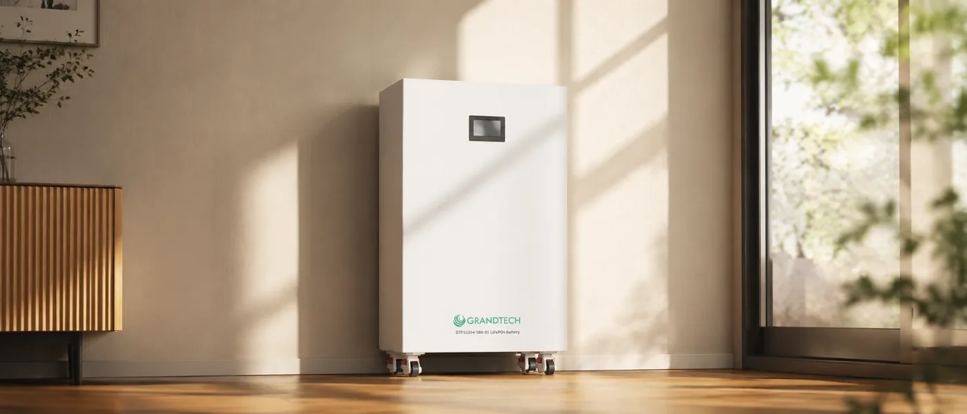 Ein Grandtech LiFePO4-Heimspeicher zwischen Zimmerpflanzen in einem sonnigen Wohnzimmer